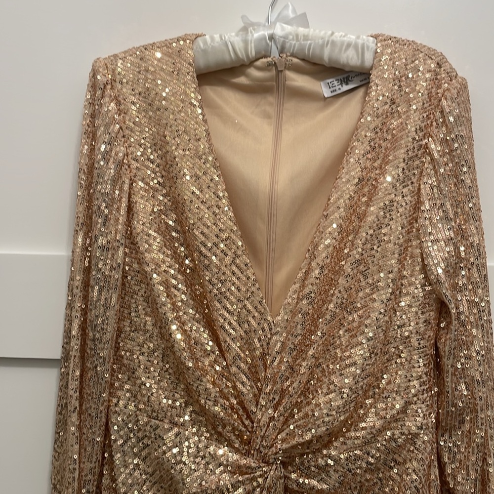 Mac Duggal Champagne Sequin High-Low Twist Front Gown - Picture 5 of 16